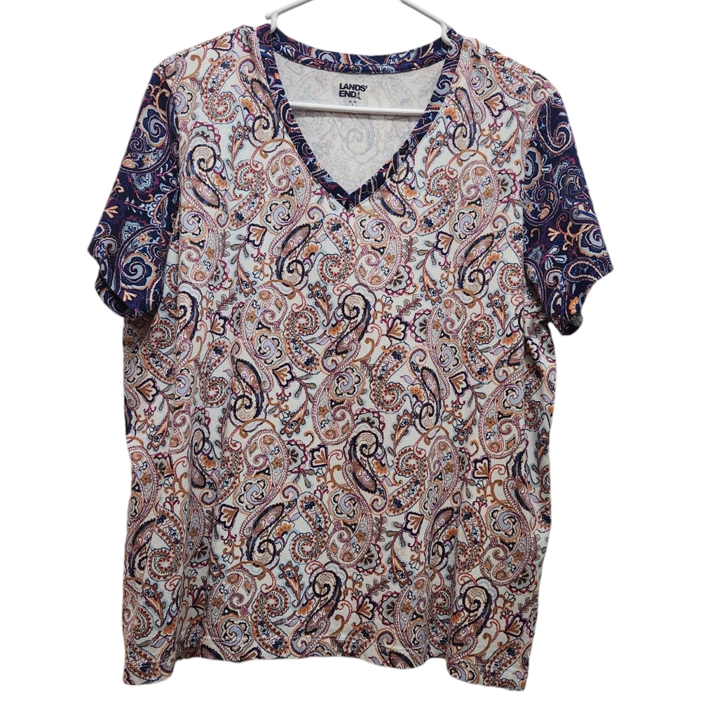 Lands End Multicolor Paisley Cotton Tee TShirt Top Size XL Boho Chic Casual XL